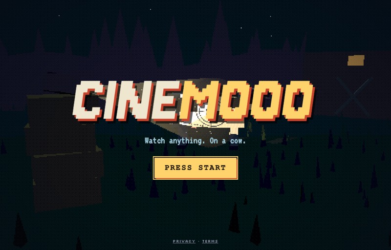 The Cinemooo title screen: a pixel-art cow in a night field lit by a projector